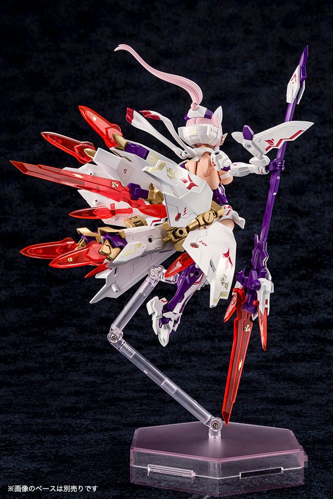 Asra Nine-Tails Megami Device kit side view with red blade tails and spear on clear stand