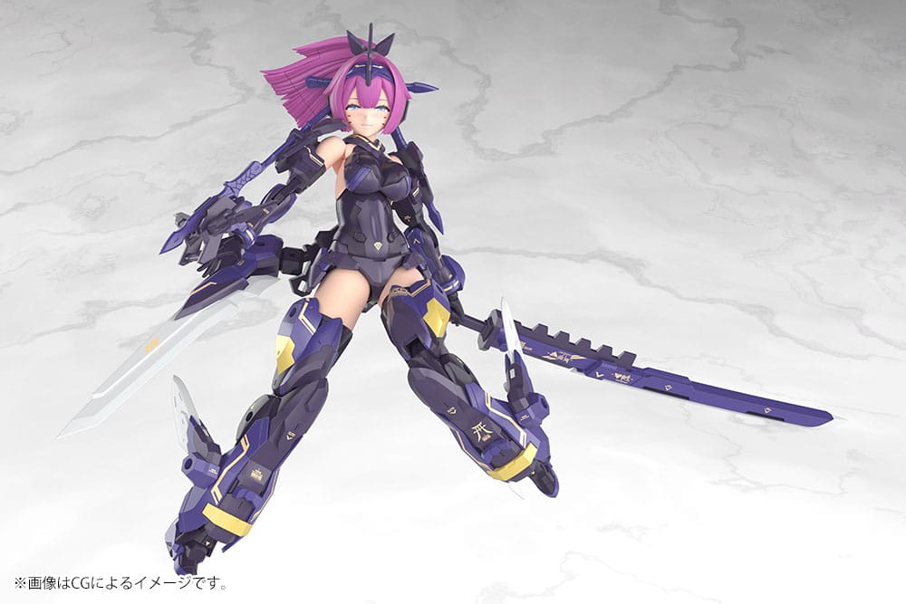Megami Device ASRA Archer Kizuna Shadow Edition render in a wide crouching stance holding twin blades