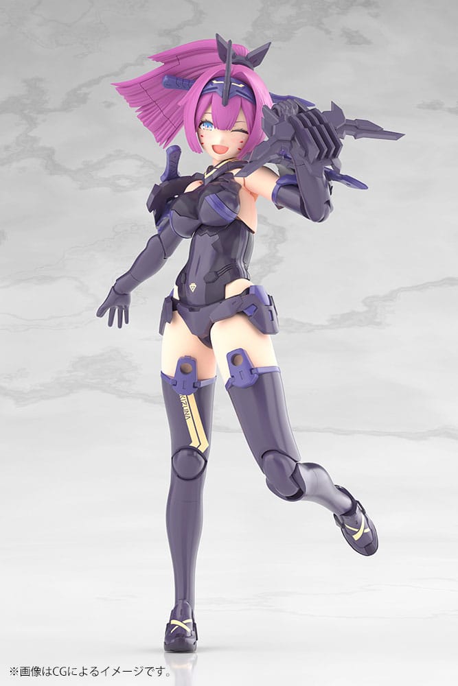 Megami Device ASRA Archer Kizuna Shadow Edition render mid-stride with a smiling face