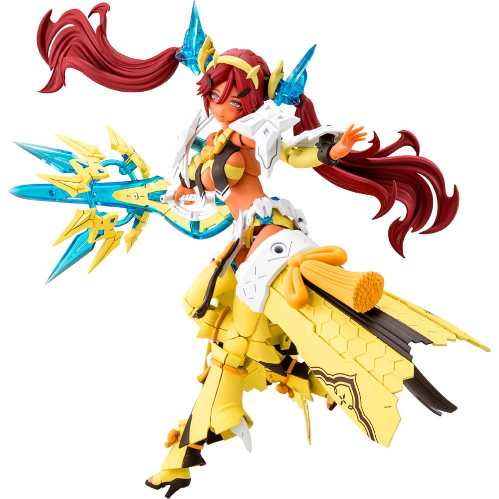 Kotobukiya Megami Device Auv Ame No Uzume Sunshine built kit in yellow and white armour with blue blade weapons