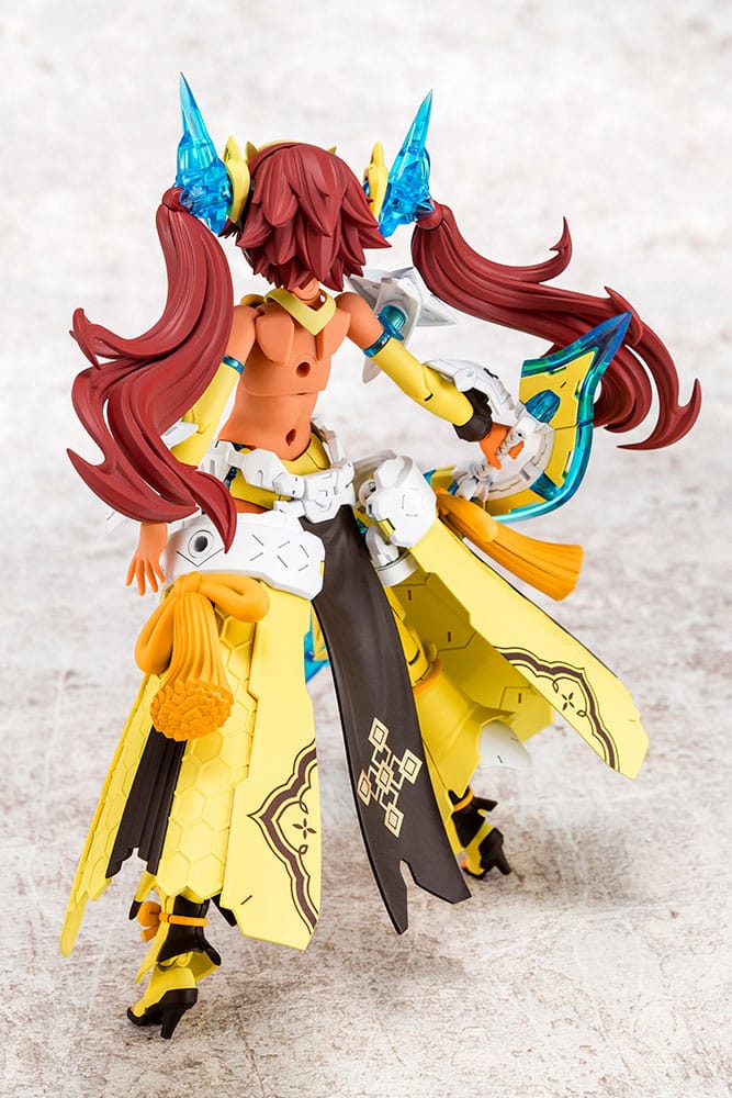 Ame No Uzume Sunshine Megami Device kit rear view showing twin tails, cape and yellow skirt armour