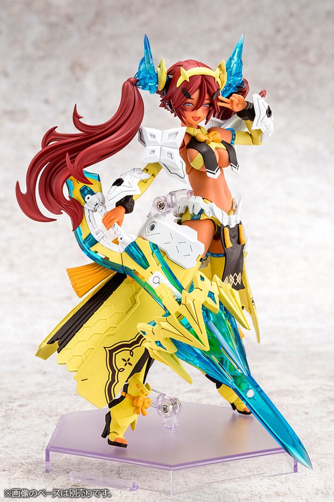 Megami Device Ame No Uzume Sunshine front view holding a blue crystal blade in yellow armoured skirt