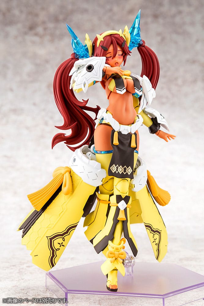 Megami Device Ame No Uzume Sunshine standing front view on purple hexagonal base in yellow outfit