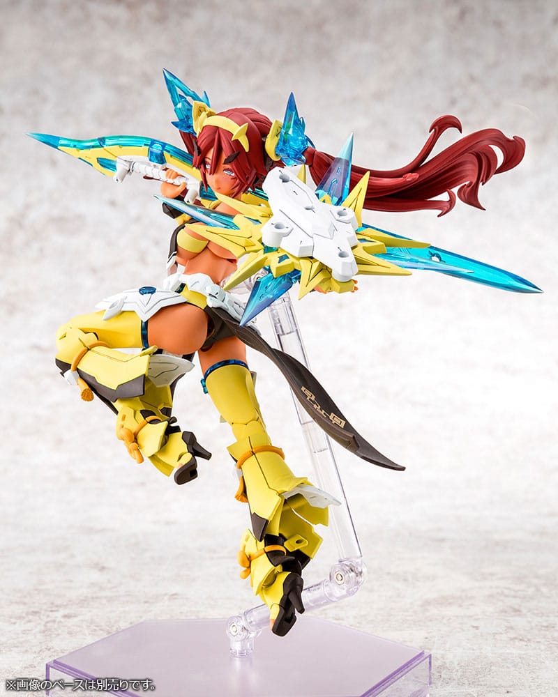 Megami Device Ame No Uzume Sunshine kicking pose on display stand with blue blades and white armour