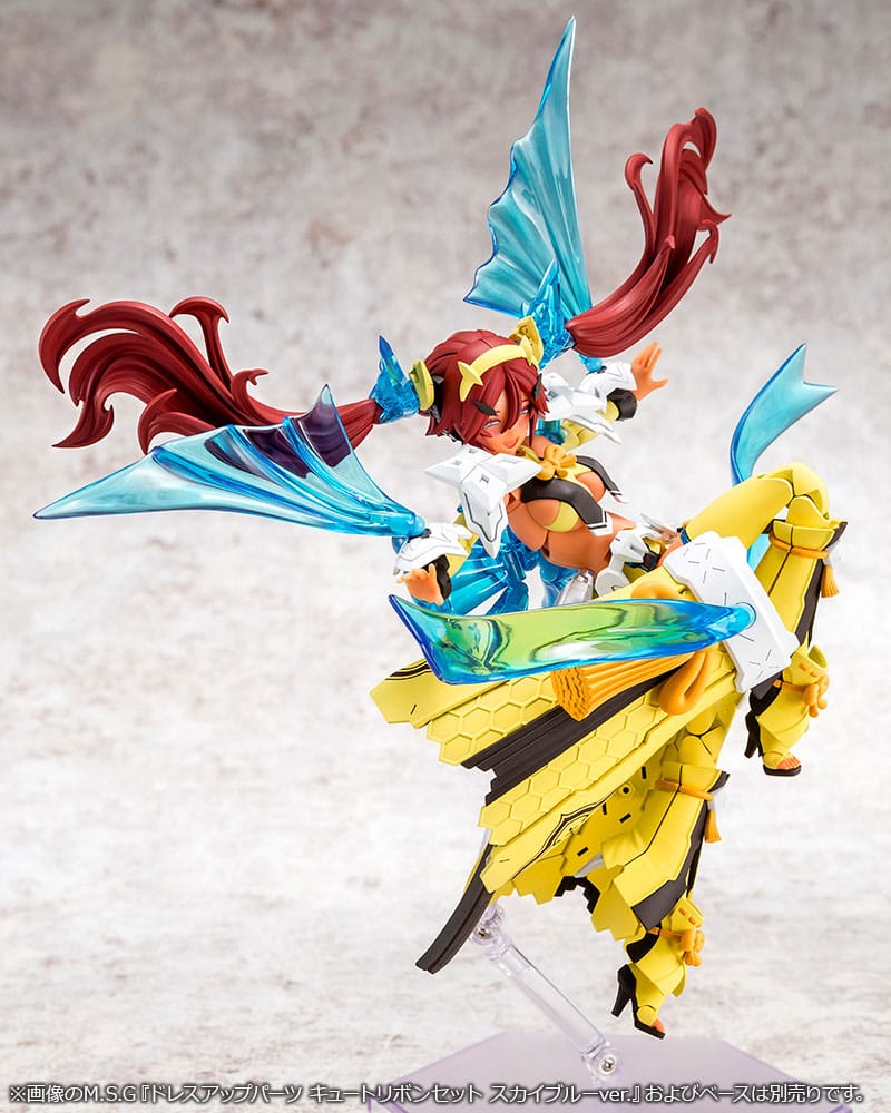 Kotobukiya Ame No Uzume Sunshine kit mid-leap wielding a green and blue blade with flowing red hair