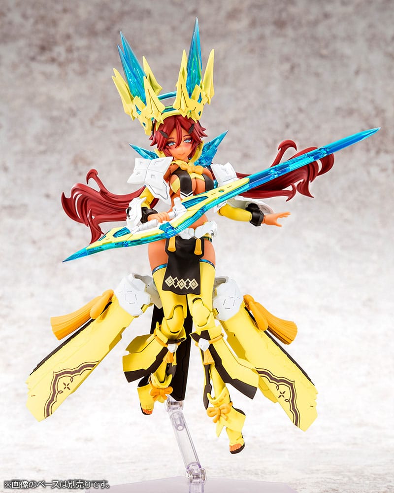 Ame No Uzume Sunshine Megami Device kit holding a long blue spear across her body with crest headpiece