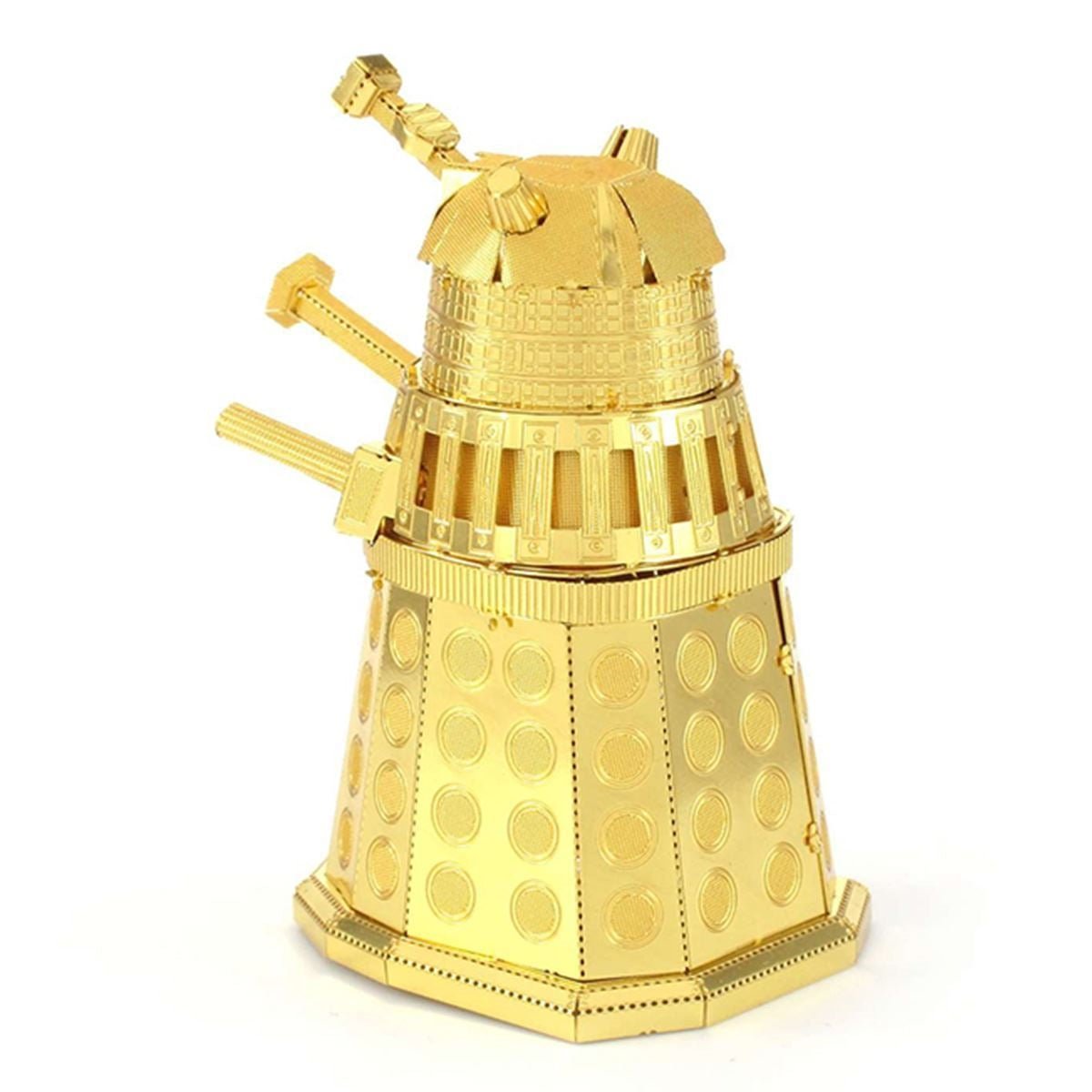 Metal Earth Doctor Who Gold Dalek model kit built, angle view 1