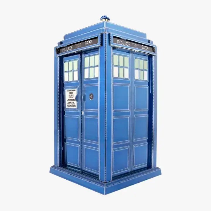 Metal Earth Doctor Who TARDIS 3D metal model kit shown assembled as the blue police box