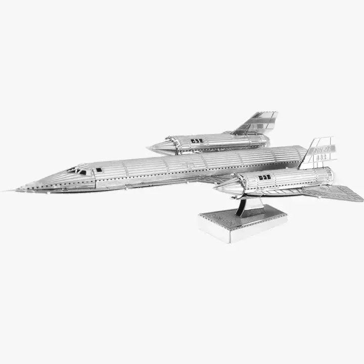 Metal Earth SR-71 Blackbird 3D metal model kit shown assembled in silver steel on a display stand