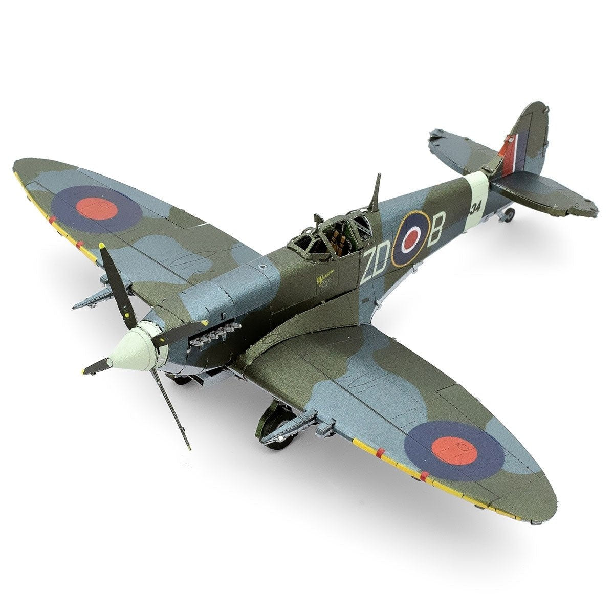 Metal Earth Supermarine Spitfire colour model kit built, angle view 1