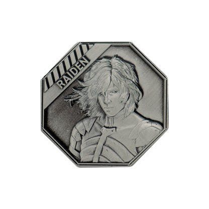 Metal Gear Solid 2 Raiden coin front, an octagonal silver-finish coin with Raiden's portrait