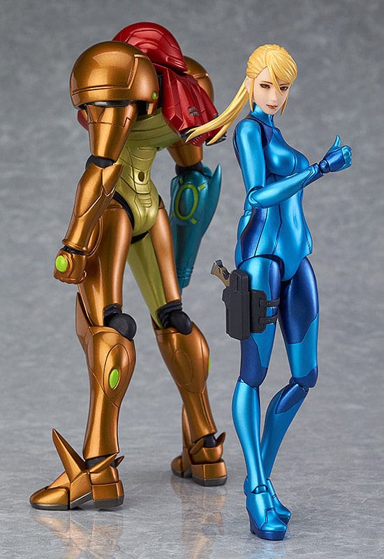 Samus Aran Zero Suit figma beside a Varia Suit Samus figma, sold separately