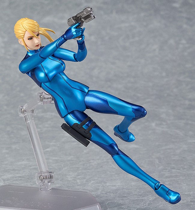 Samus Aran Zero Suit figma leaping sideways and aiming her handgun