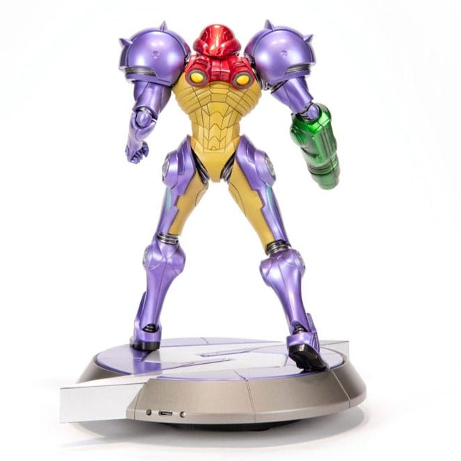 Metroid Prime Samus Gravity Suit statue, rear view with the Screw Attack emblem base