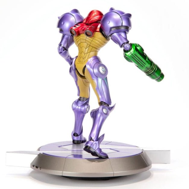 Samus Gravity Suit statue, rear-left view showing the purple armour and base
