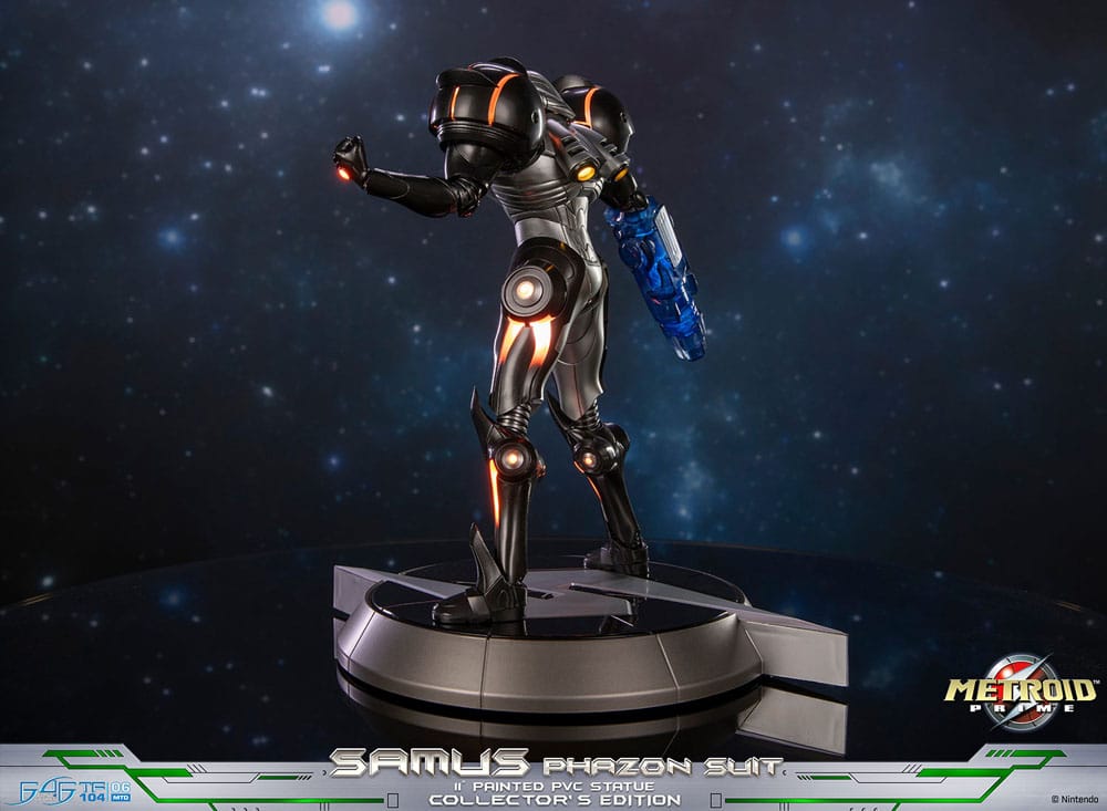 Rear three-quarter view of the Samus Phazon Suit statue on a space backdrop