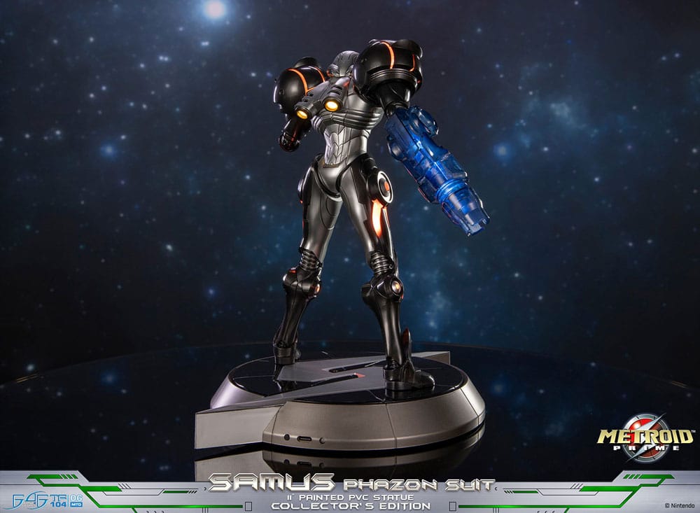 Samus Phazon Suit statue three-quarter view with glowing orange suit lights, First 4 Figures