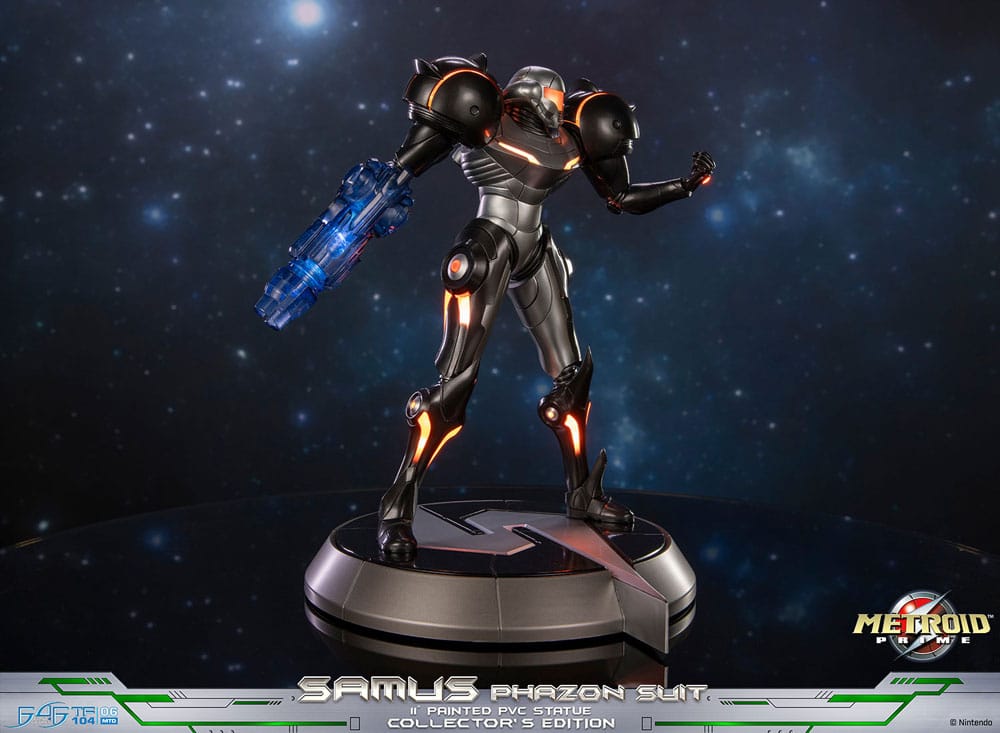 Metroid Prime Samus Phazon Suit statue with LED lighting, three-quarter view on starfield