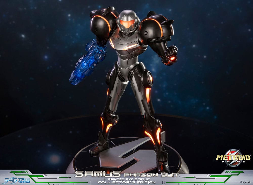 Low-angle front view of the First 4 Figures Samus Phazon Suit statue with LEDs on