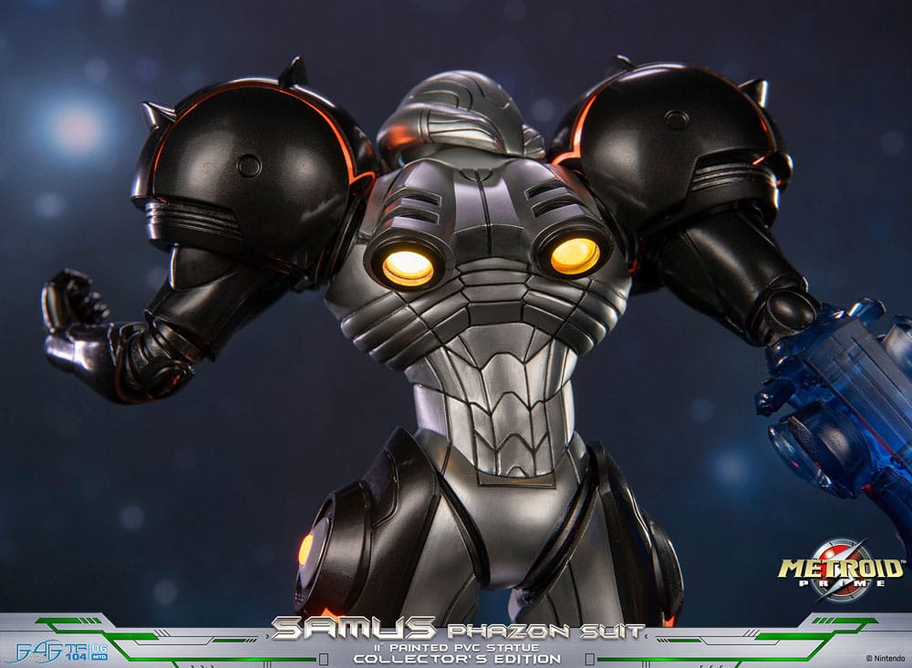 Close-up of the Samus Phazon Suit statue back and shoulders with glowing yellow lights