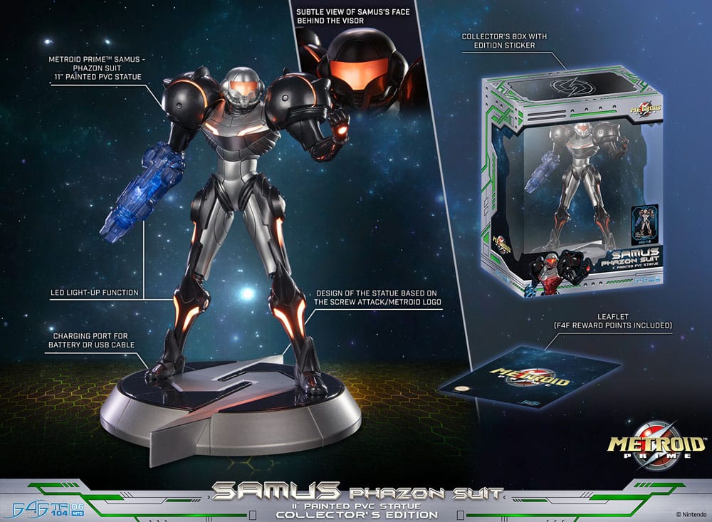 Samus Phazon Suit Collector's Edition features: LED lights, emblem base, box and leaflet
