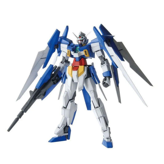 Bandai MG 1/100 Gundam AGE-2 Normal kit, assembled blue and white model with rifle, front view