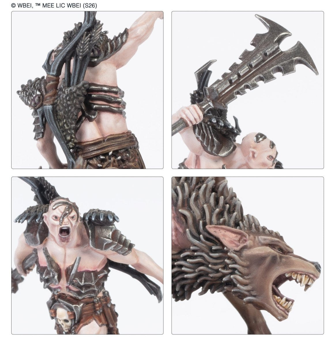 Close-ups of painted Hunter Orcs with cleavers and a snarling Fell Warg