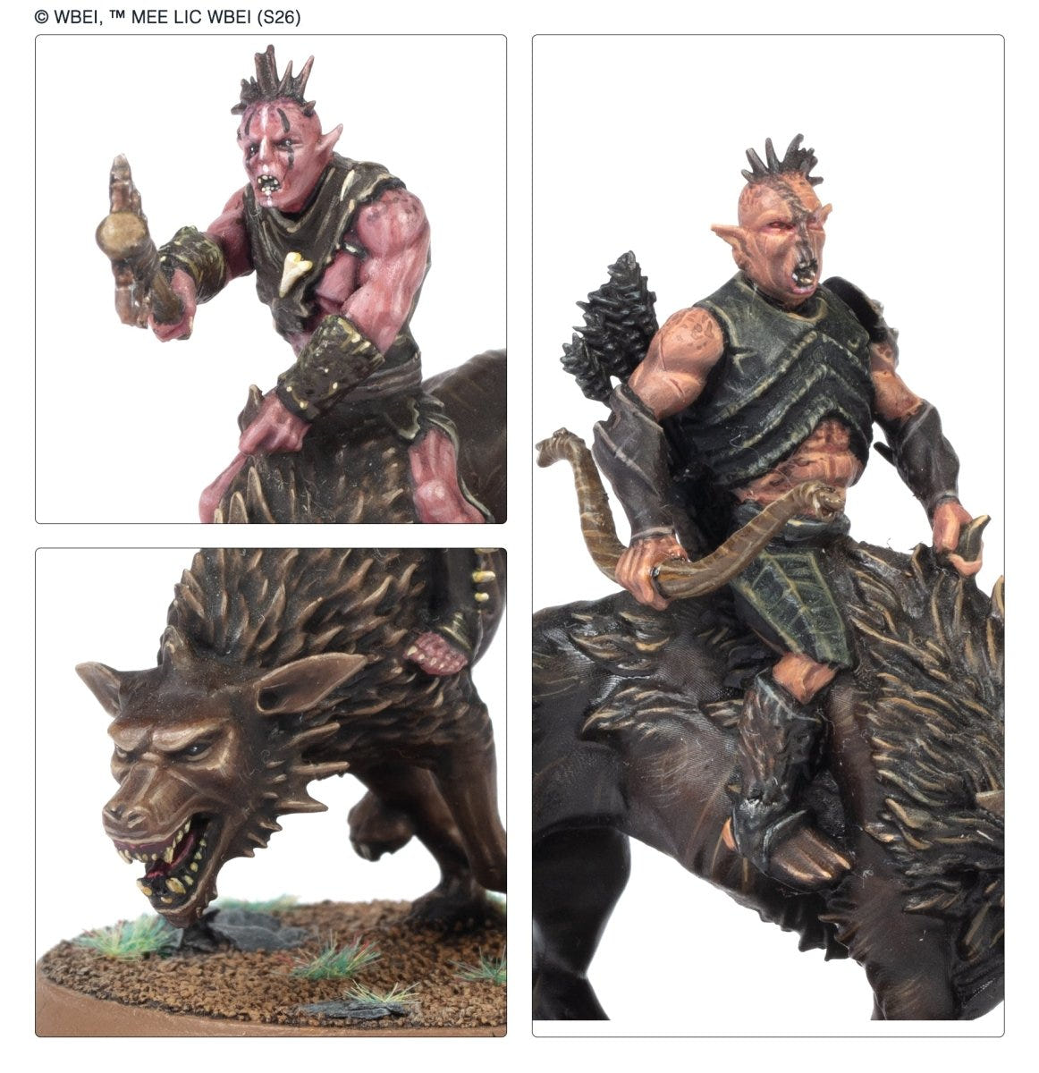 Close-ups of painted Bolg riding his Fell Warg with a fanged, brown-furred wolf