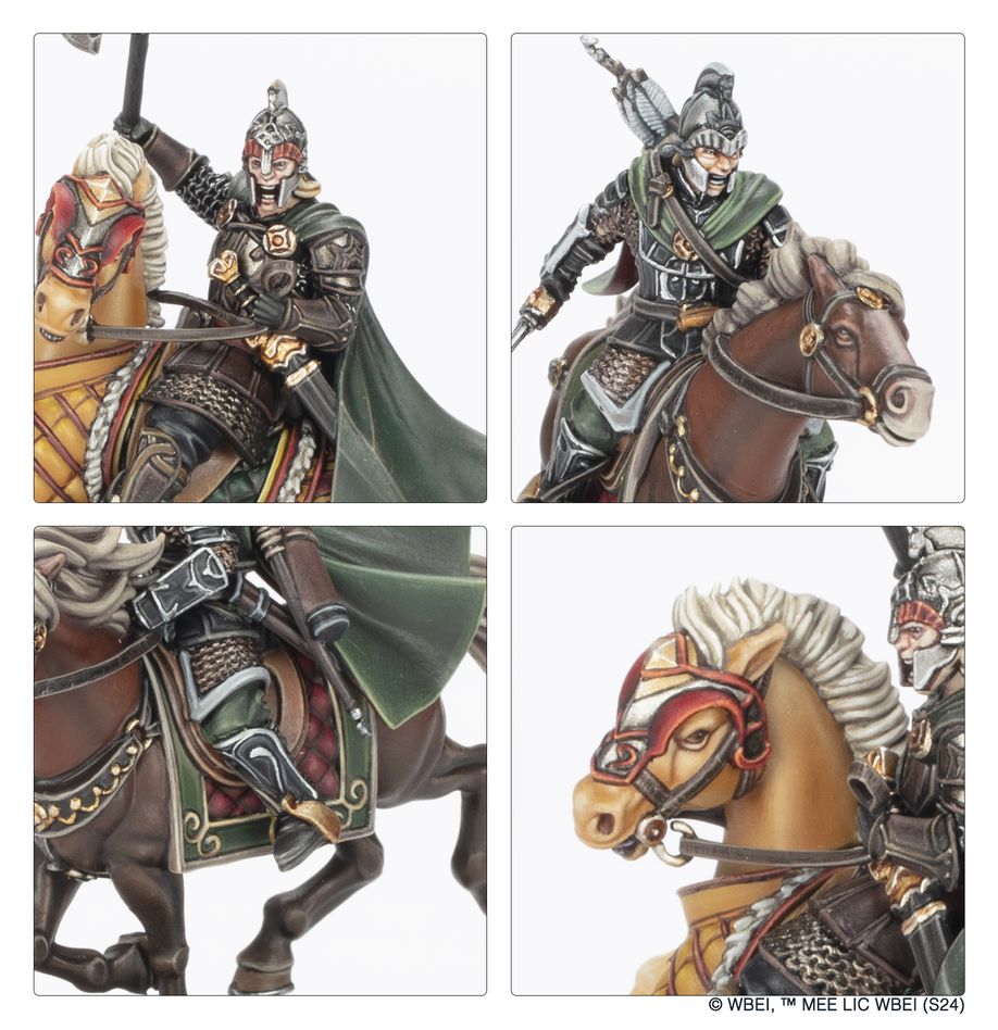 Close-up panels of mounted Rohan prince with spear, green cloak and armoured horse