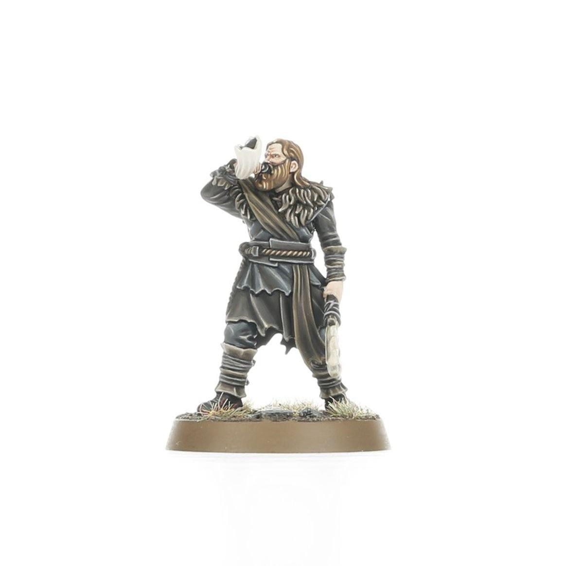Grey-painted Hill Tribesmen horn-blower raising a horn to his mouth, Middle-earth SBG