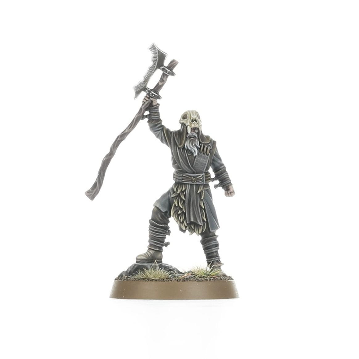 Grey Hill Tribesmen chieftain with raised axe and helmet, Middle-earth SBG