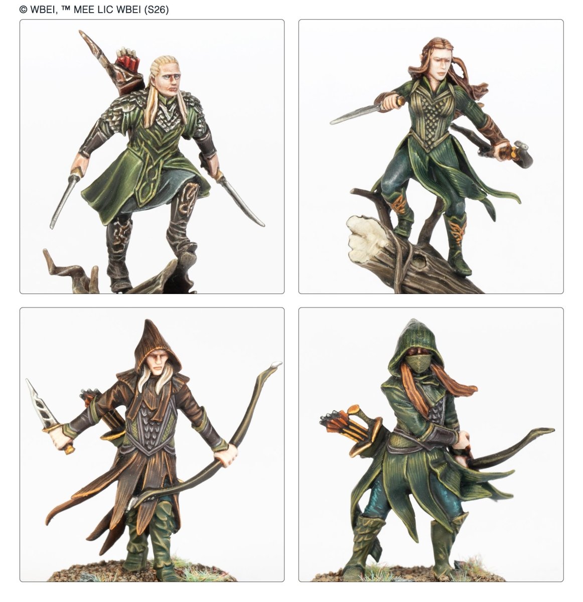Close-ups of painted Legolas, Tauriel and Mirkwood Rangers with bows and blades