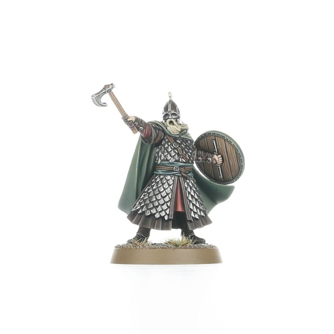 Painted Rohan captain in heavy scale armour raising an axe, with round shield
