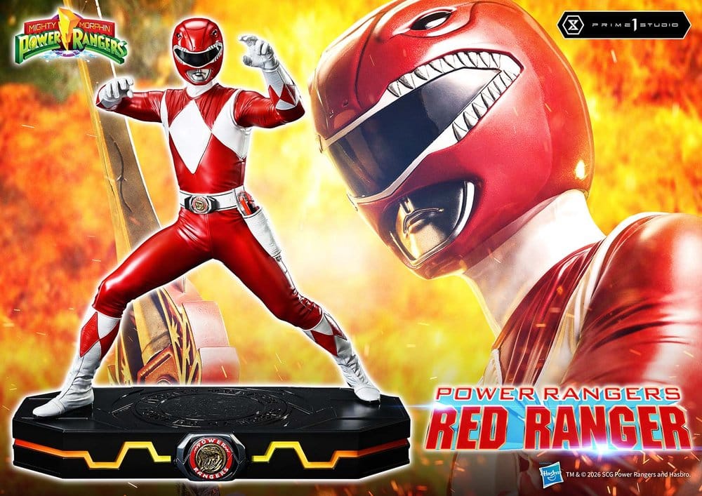 Power Rangers Red Ranger Premium Masterline banner with explosion backdrop