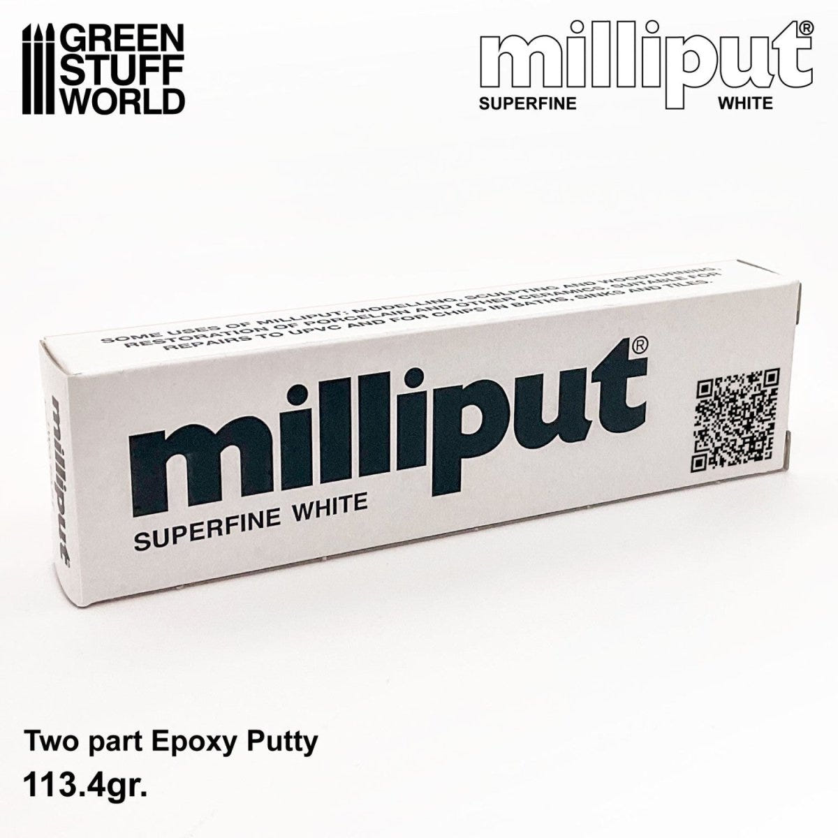 Milliput Superfine White two-part epoxy putty box, 113.4g, with brand logos above
