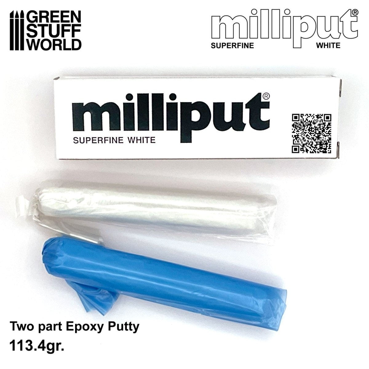 Milliput Superfine White box with white and blue putty sticks in wrappers