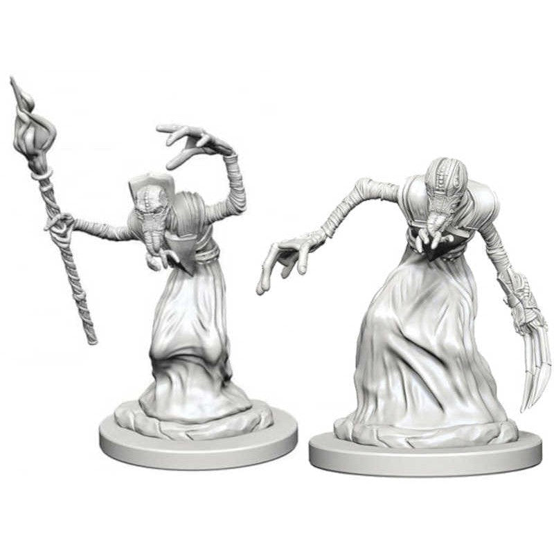 Two unpainted WizKids Nolzur's Marvelous Mind Flayer miniatures in robes, one holding a staff