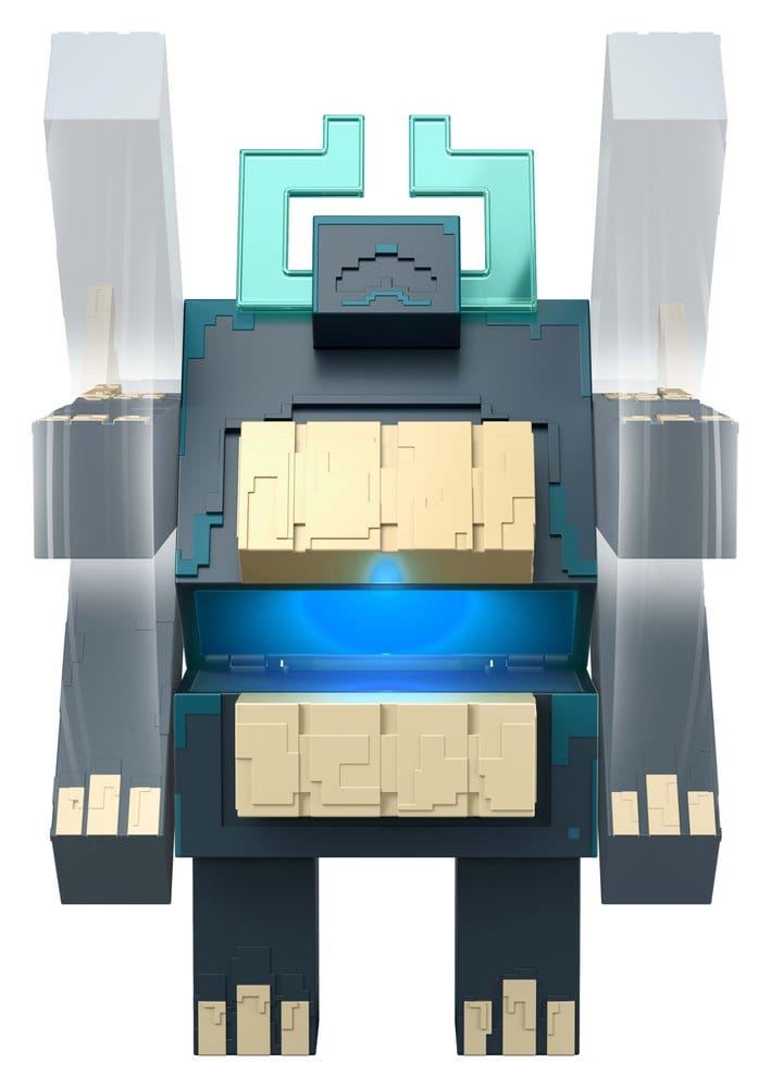 Minecraft Dungeons II Twisted Warden figure front view, both arms raised and chest light glowing