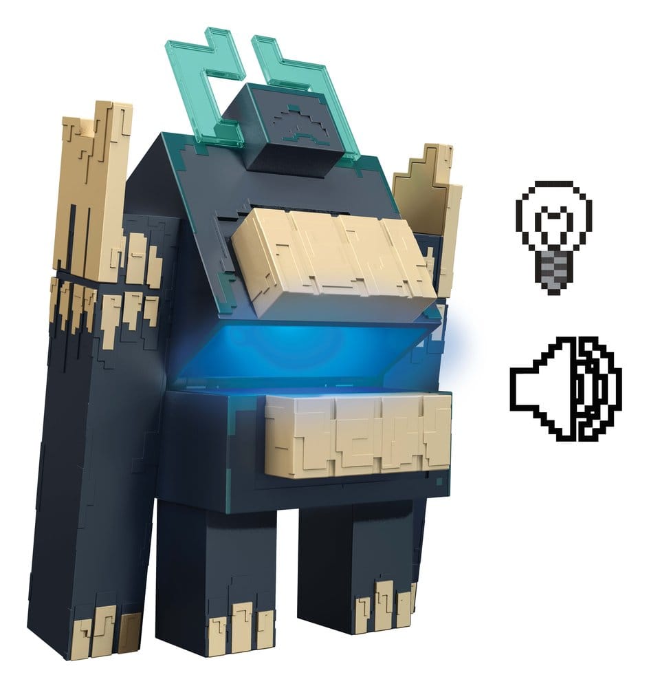 Minecraft Dungeons II Twisted Warden figure with chest opened and glowing, light and sound icons