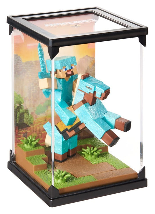 Noble Collection Minecraft diorama of Steve in diamond armour riding a horse in a clear display case