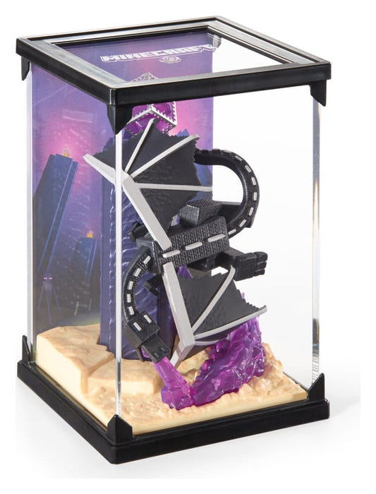 Noble Collection Minecraft Ender Dragon Attack diorama in a clear display case with purple crystals