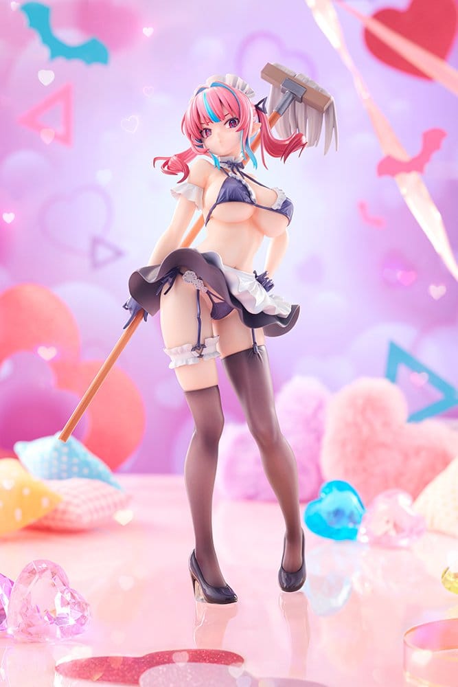 Takakiyo Kanan figure with mop, posed against a pastel pink and purple heart-themed backdrop
