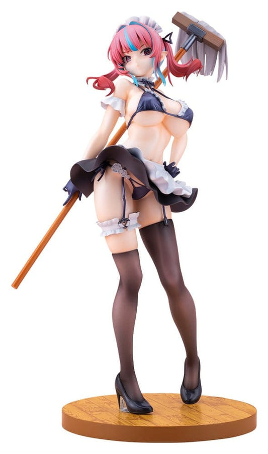 Kotobukiya Takakiyo Kanan 1/7 figure in swimsuit-maid outfit holding a mop, on wooden round base