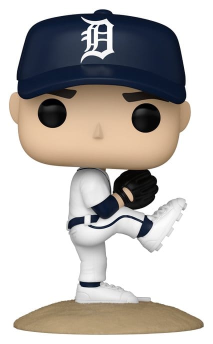 Funko POP! MLB Tarik Skubal in white Detroit Tigers uniform mid-pitch on a mound base