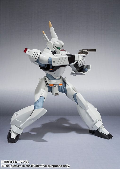 Patlabor Robot Spirits Ingram 1st in a crouched firing pose aiming its revolver cannon