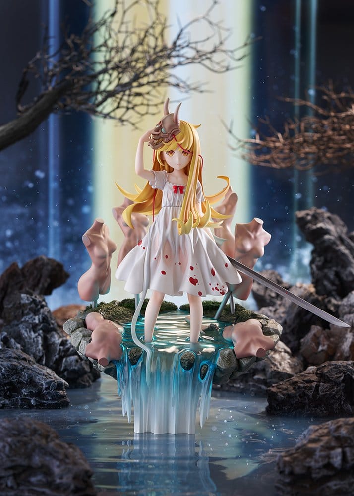 Monogatari Shinobu Oshino 1/7 figure on rocky water base in a moonlit forest scene