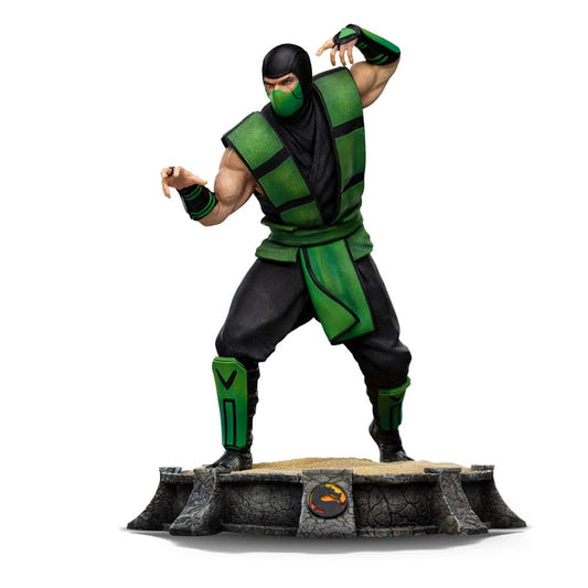 Iron Studios Mortal Kombat Reptile 1/10 statue in green ninja garb, front view on an arena base