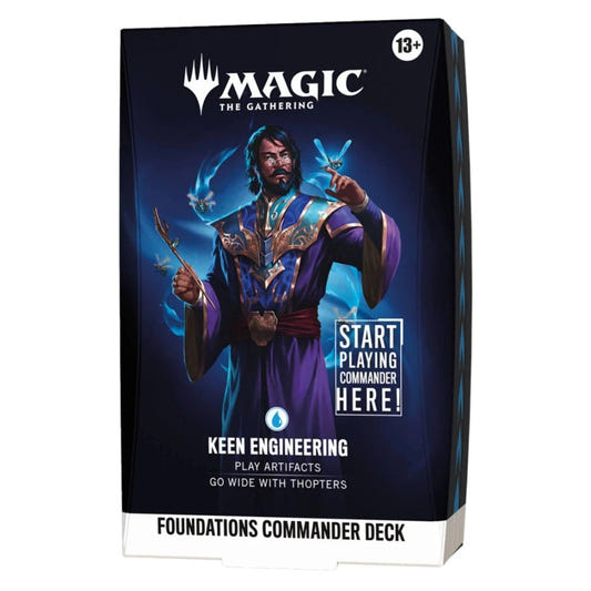 Magic: The Gathering Foundations Commander Deck box for Keen Engineering, featuring artwork of a wizard in a purple robe with blue energy effects on a dark background.