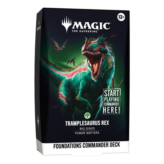 Magic: The Gathering Tramplesaurus Rex Foundations Commander Deck box, featuring a green and red dinosaur illustration on a black background with white text and a white base.