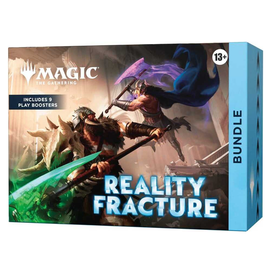 Magic: The Gathering Reality Fracture bundle box featuring fantasy artwork of two warriors, with a light blue side panel labeled BUNDLE and a 13+ age rating badge.